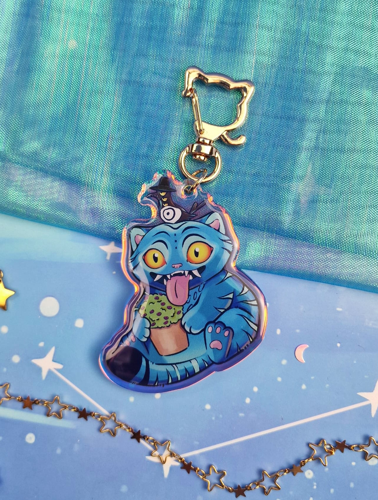 Tiger & Crow Keychain | Acrylic Keychain | Cute Animal Keyring | Fantasy Cat Keychain | Demon Crow Charm | Demon Cat Keyring