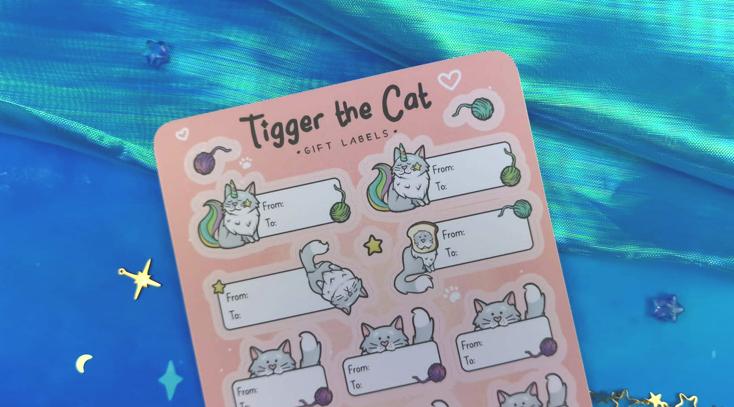 Tigger the Cat | Cute | Stickers | Scrapbooking | Labels | Planning | Decorating | Cosy | Starry | Kawaii | Sticker Sheet | ellyonart