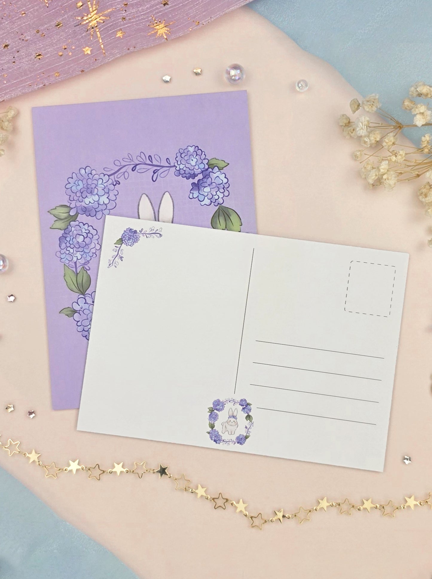 Dustie Bunny Hydrangea Postcard | A6 Bunny Art Postcard | Lilac Floral Illustration | Cute Stationery Gift