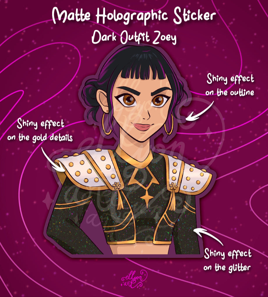 Zoey Holographic Sticker | Light & Dark Outfit | Matte Rainbow Vinyl | Kpop Demon Hunters Fanart | Anime Sticker Art
