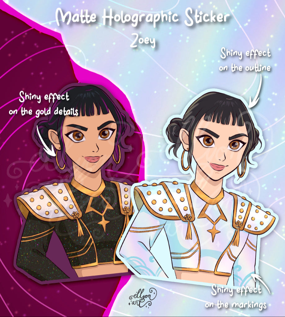 Zoey Holographic Sticker | Light & Dark Outfit | Matte Rainbow Vinyl | Kpop Demon Hunters Fanart | Anime Sticker Art