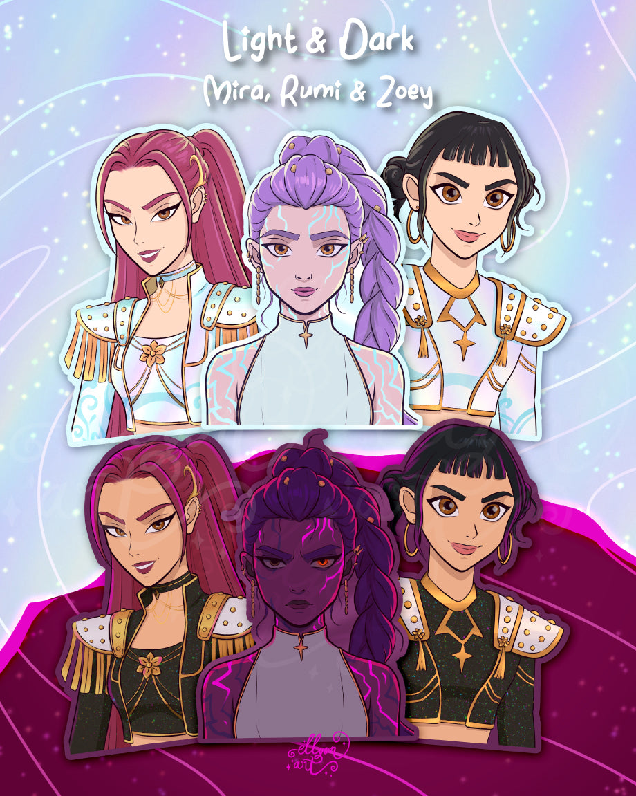 Light & Dark Trio Sticker Set | Mira, Rumi, Zoey | Matte Holographic Vinyl | Kpop Demon Hunters Fanart | Anime Stickers