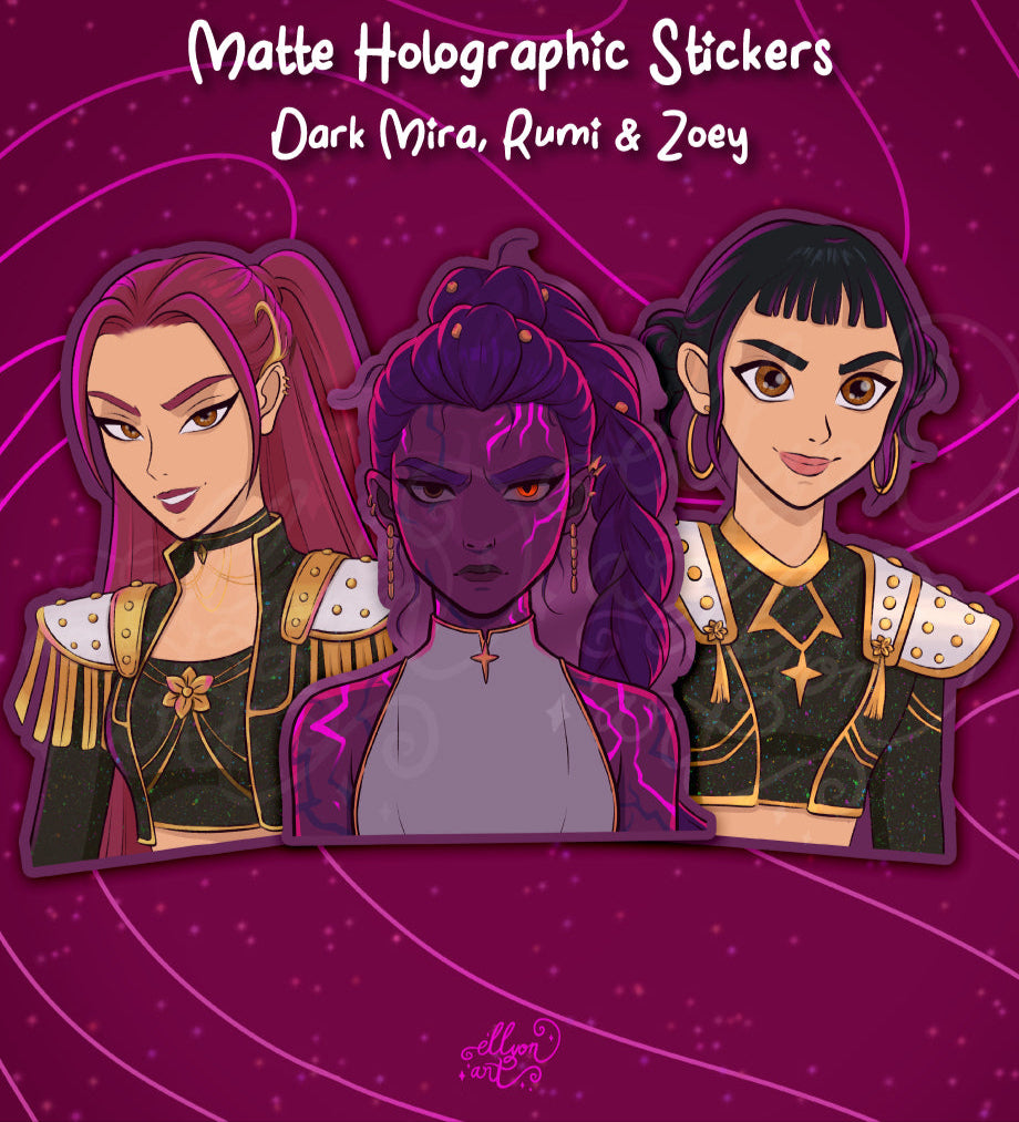 Light & Dark Trio Sticker Set | Mira, Rumi, Zoey | Matte Holographic Vinyl | Kpop Demon Hunters Fanart | Anime Stickers