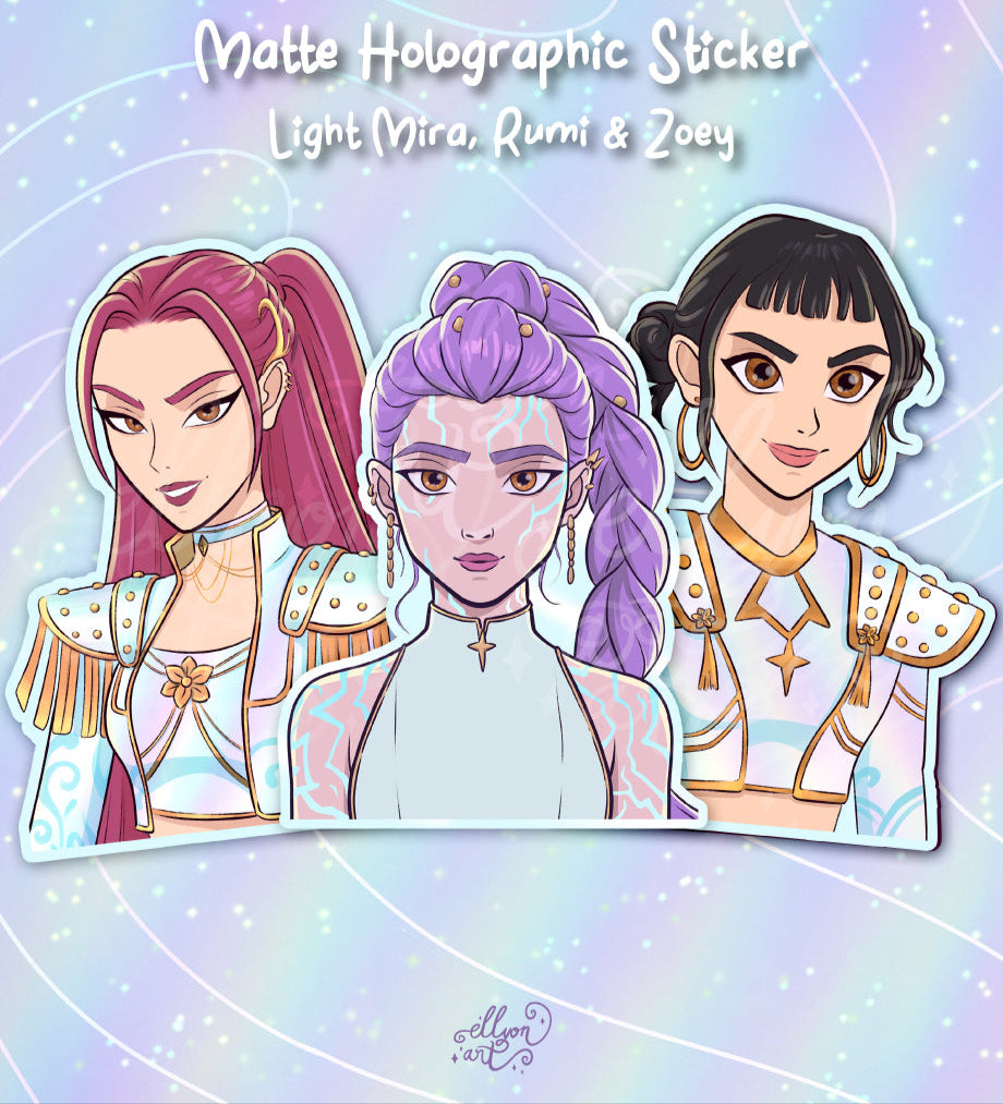 Light & Dark Trio Sticker Set | Mira, Rumi, Zoey | Matte Holographic Vinyl | Kpop Demon Hunters Fanart | Anime Stickers