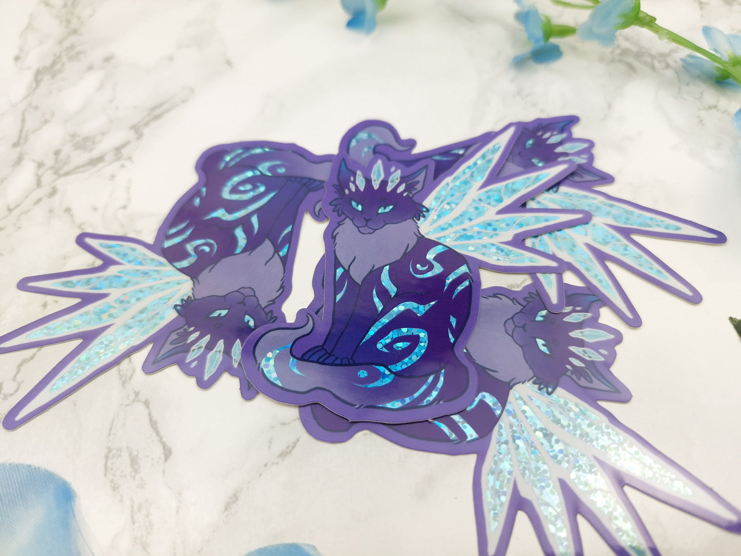 Purple Frost Cat | Winged Cat | Fairy Cat | Fantasy | Cute | Sparkly | Glitter | Holographic | Star | Universe | Sticker | ellyonart