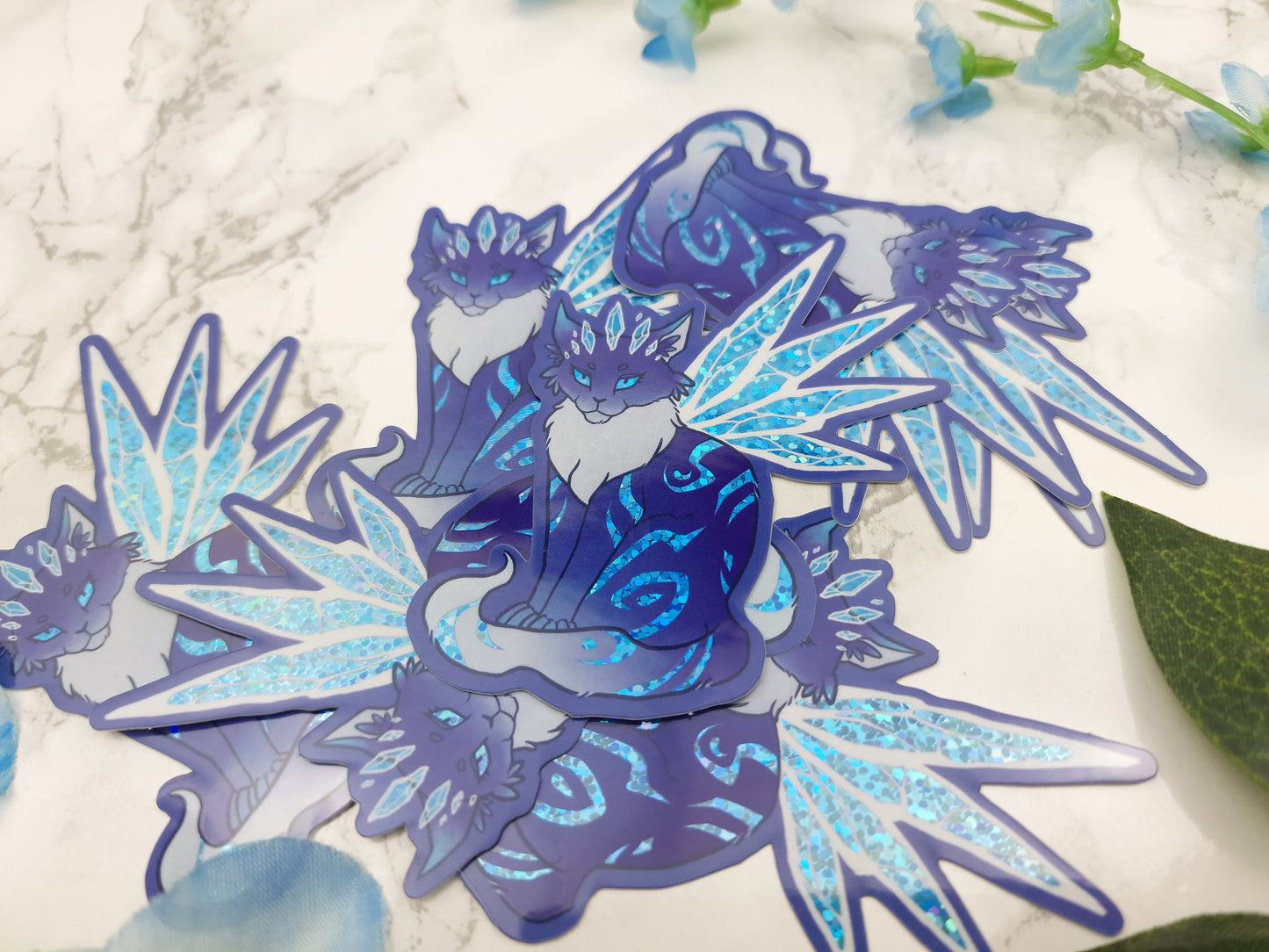 Blue Frost Cat | Winged Cat | Fairy Cat | Fantasy | Cute | Sparkly | Glitter | Holographic | Star | Universe | Sticker | ellyonart