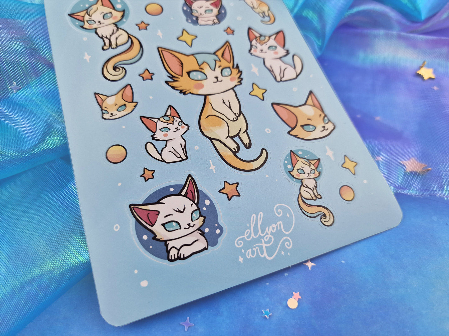 Starlight Kittens | Cute | Stickers | Scrapbooking | Labels | Planning | Decorating | Cosy | Starry | Kawaii | Sticker Sheet | ellyonart