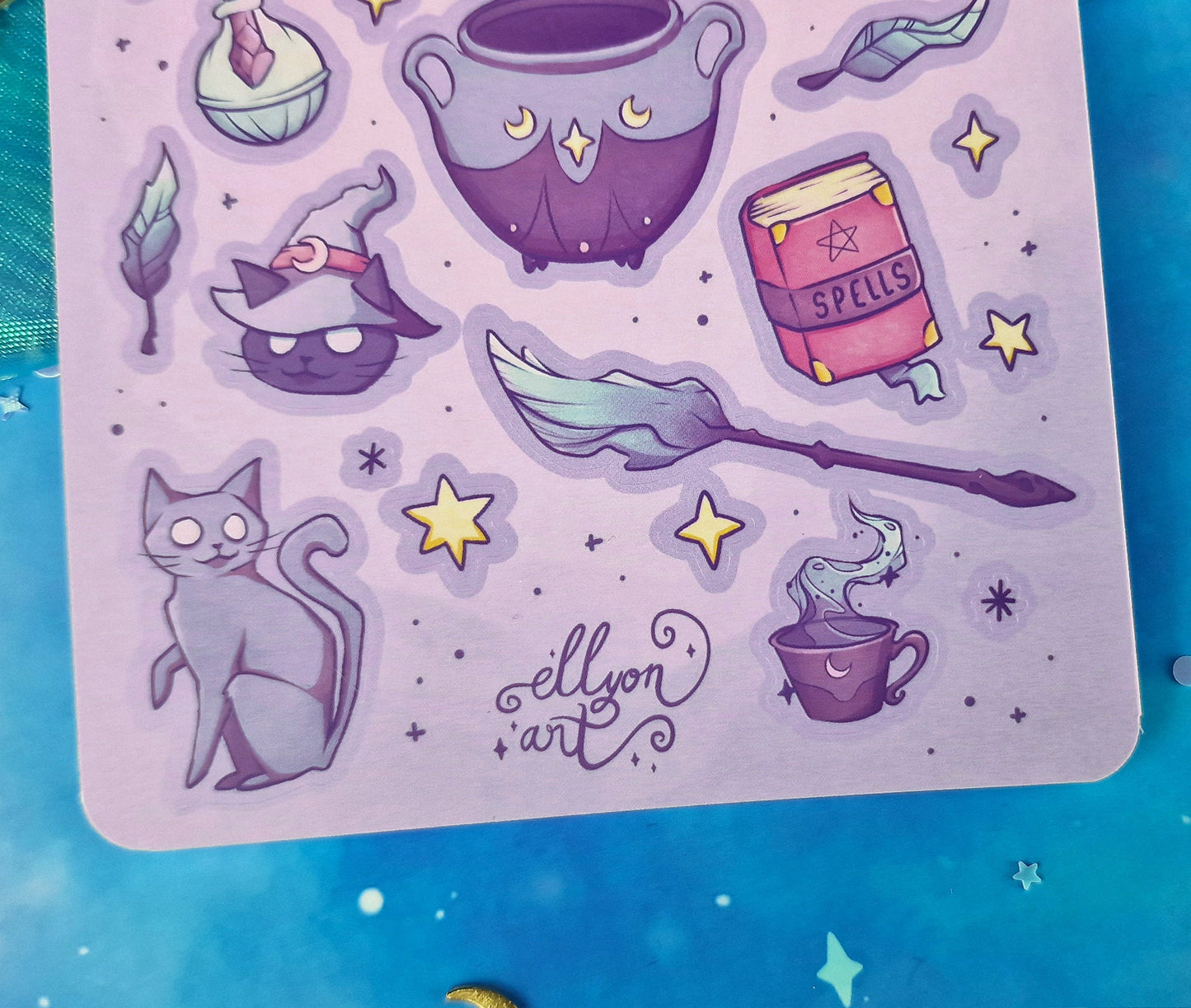 Witch Essentials | Witchcraft | Stickers | Scrapbooking | Labels | Planning | Decorating | Magical | Cats | Sticker Sheet | ellyonart