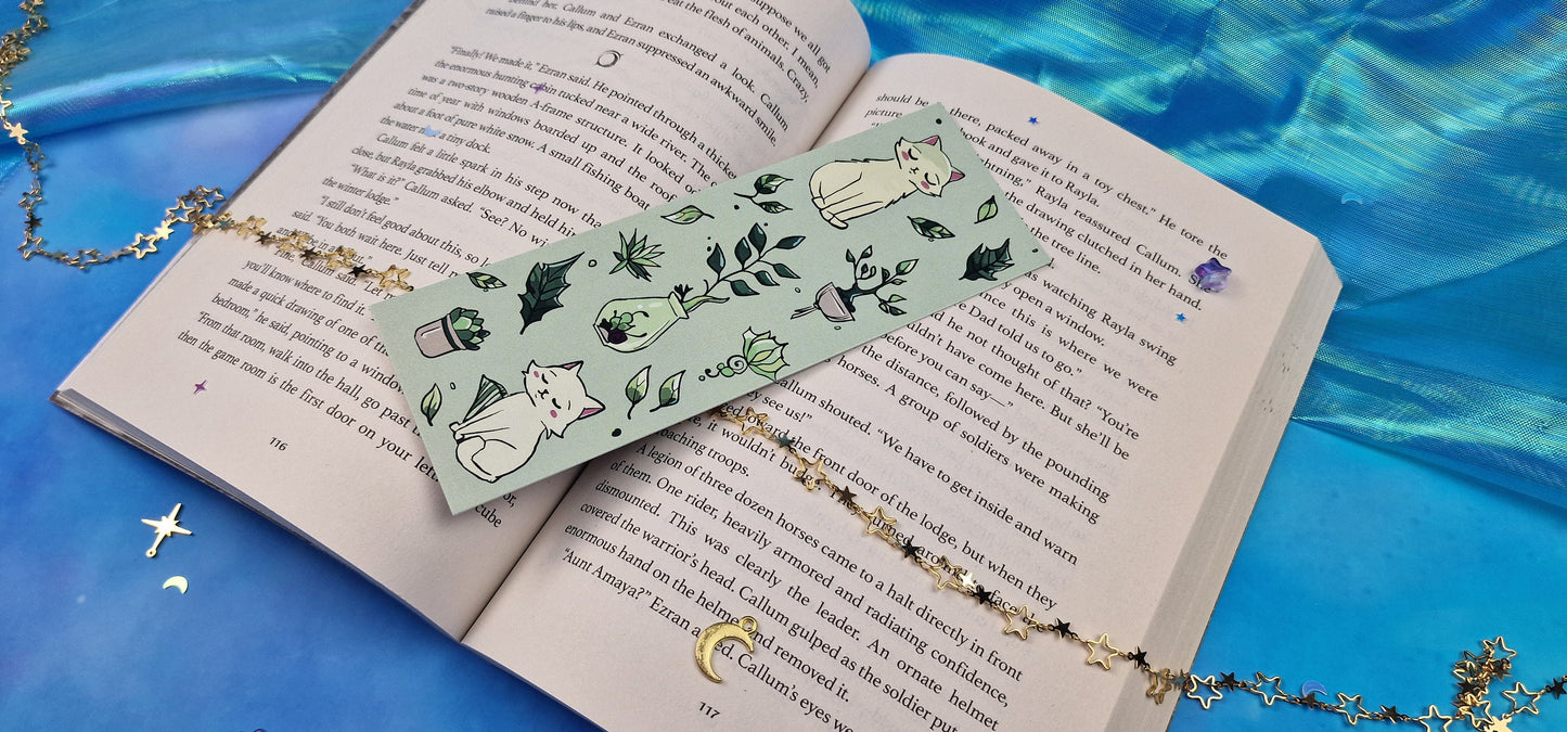 Cozy Green Leaves Cat Bookmark | Cute Kitten & Plants | Soft Cottagecore Aesthetic | Cozy Reading Gift | Book Lover | Nature Accessory