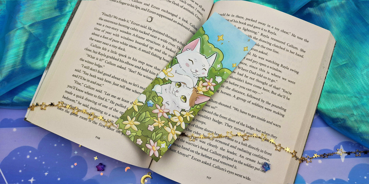 Spring Cats Bookmark | Luni & Saphira | Cute Floral Garden | Cozy Reading Gift | White Kittens | Summer Aesthetic | Book Lover Accessory
