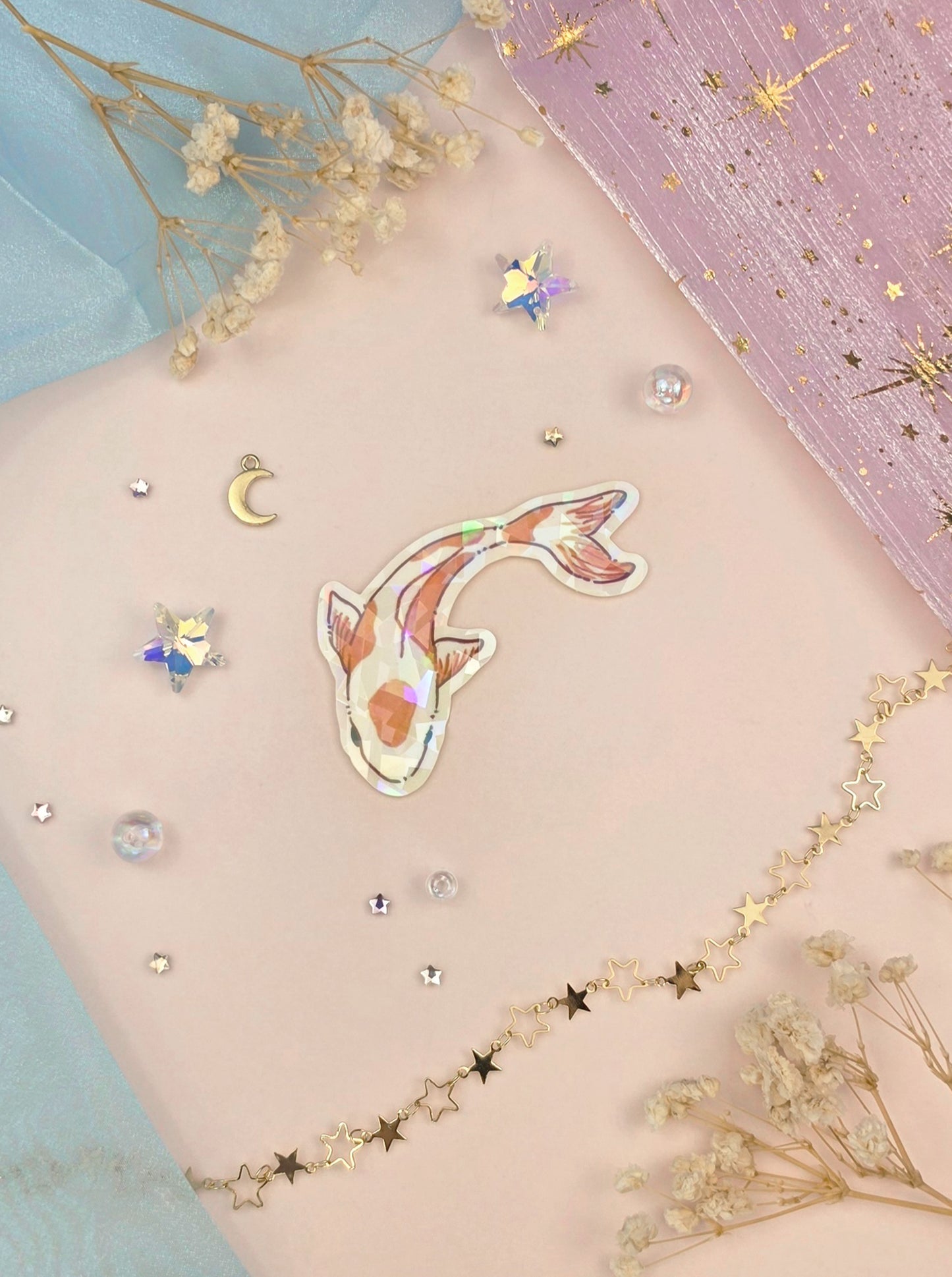 Koi Fish Transparent Sticker | Shattered Glass Vinyl Sticker | Water Lily Illustration | Cute Nature Decor