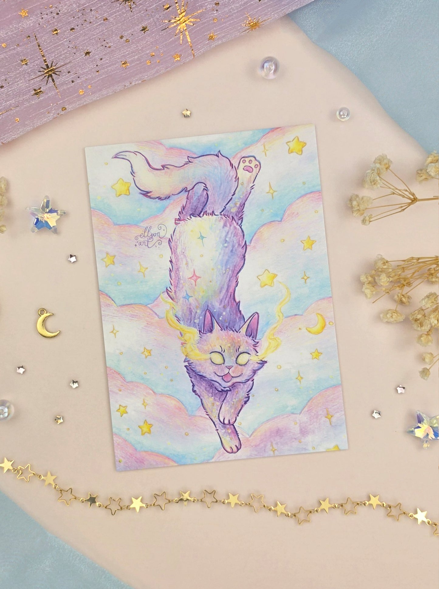 Cat Astral Familiar Stationery Bundle | Art Print & Transparent Sticker | Magical Cat Gift Set | Fantasy Stationery