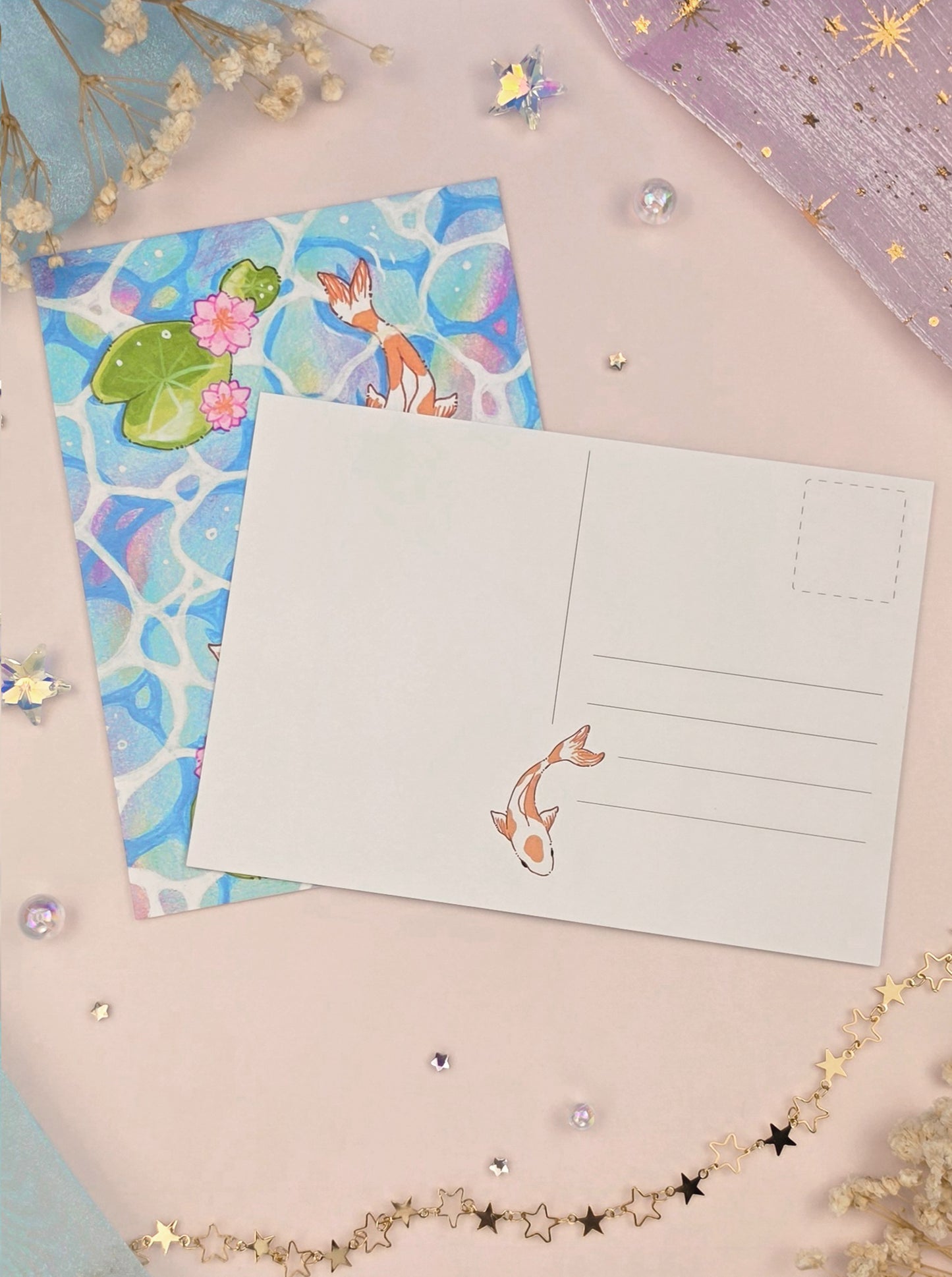 Koi Fish Postcard | A6 Matte Art Postcard | Water Lily Illustration | Cute Nature Stationery | Cottagecore Gift