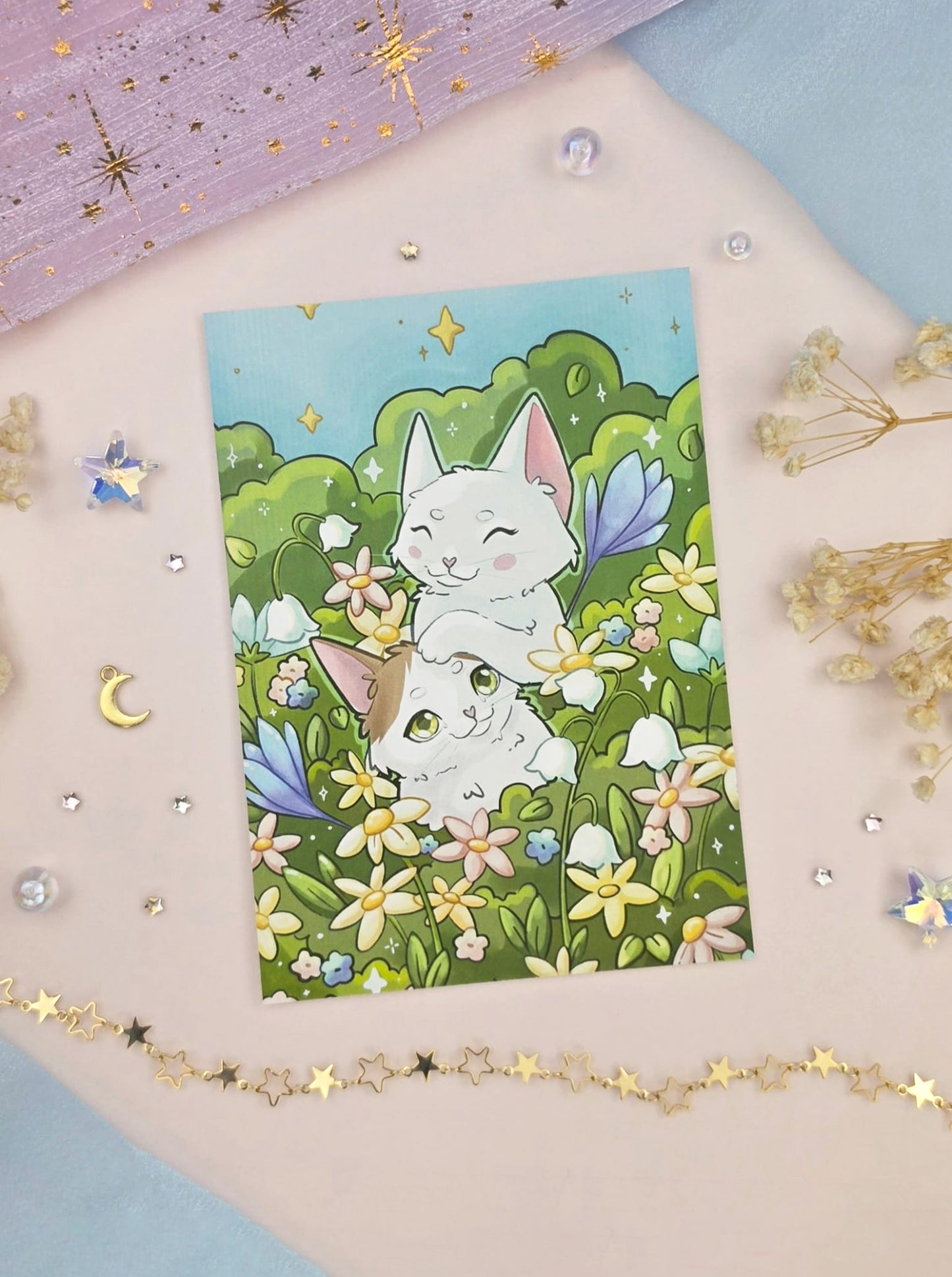 Luni & Saphi Cat Postcard | A6 Cute Cat Postcard | Spring Flowers Illustration | Kawaii Stationery Gift