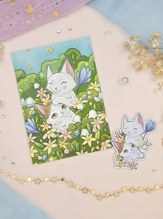 Luni & Saphi Cat Stationery Bundle | Art Print | Vinyl Sticker | Cute Cat Gift Set | Spring Flowers Illustration