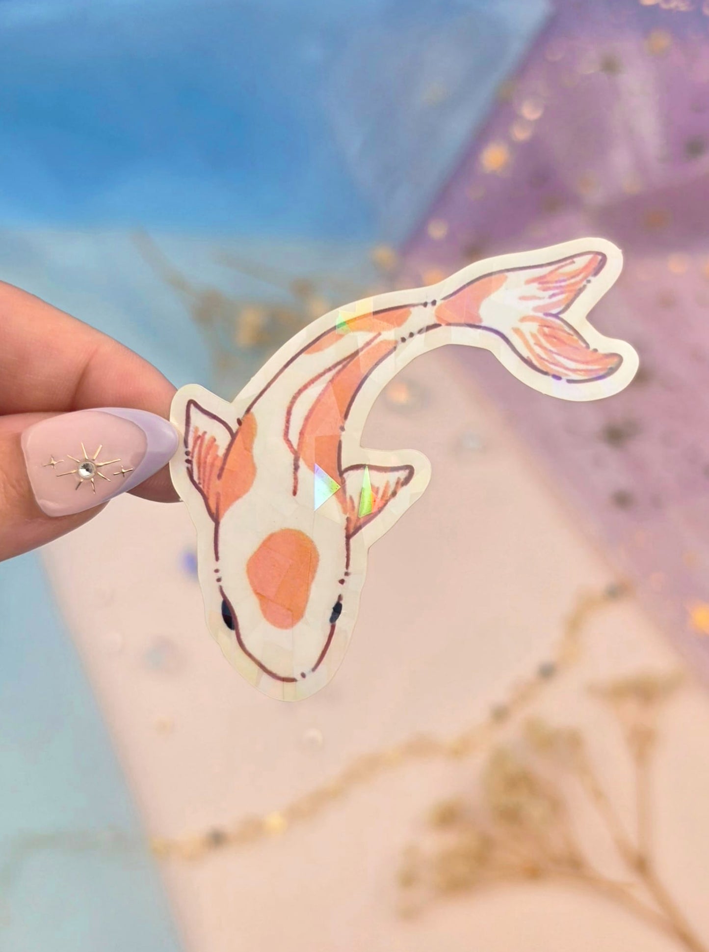 Koi Fish Transparent Sticker | Shattered Glass Vinyl Sticker | Water Lily Illustration | Cute Nature Decor
