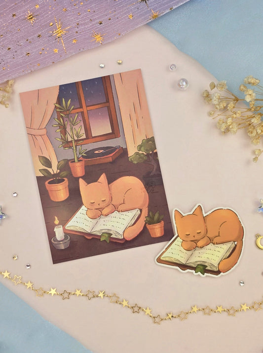 Book Kitty Stationery Bundle | Art Print & Transparent Sticker | Cozy Reading Cat Gift | Book Lover Stationery