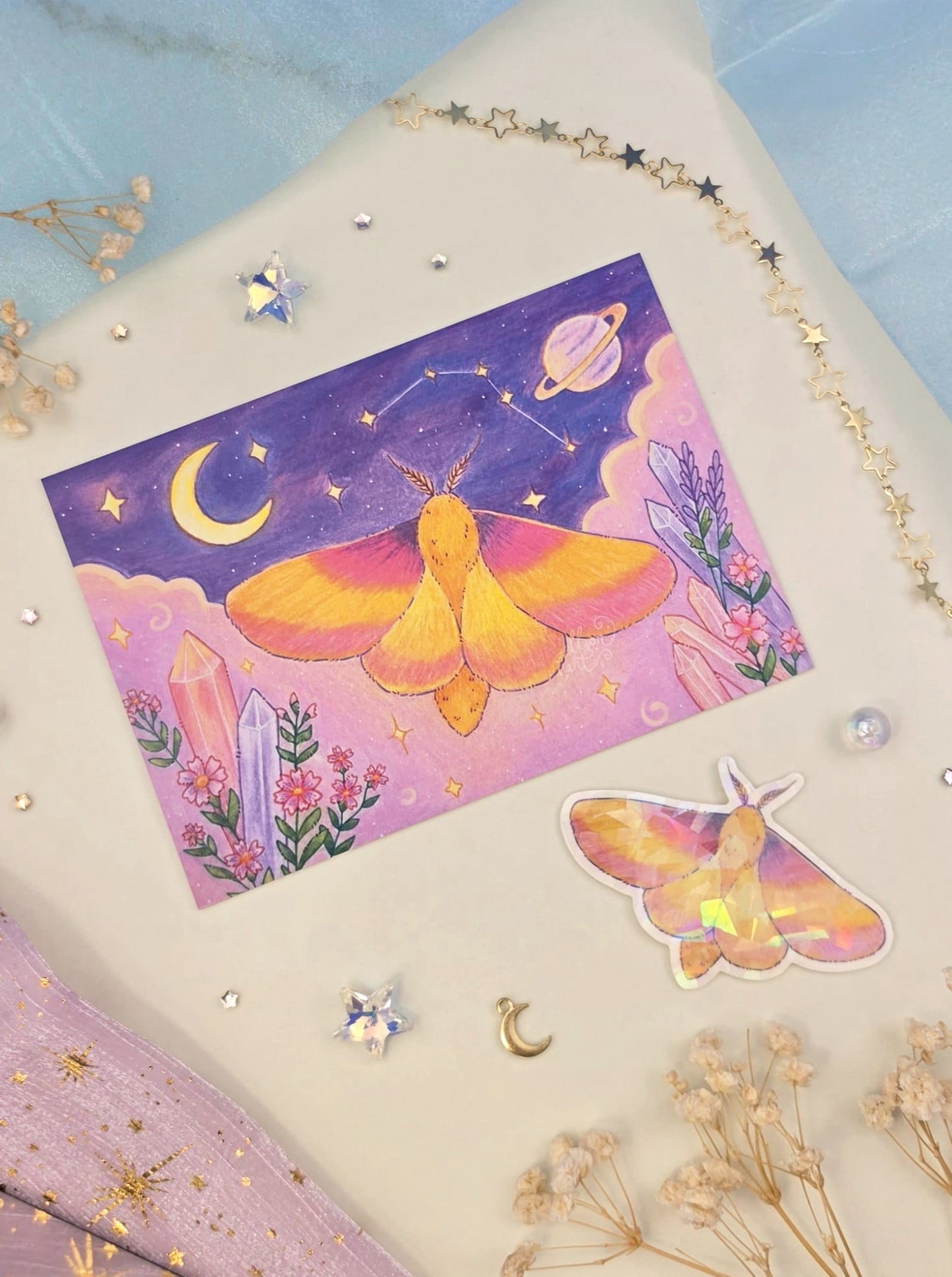 Rosy Maple Moth Stationery Bundle | Art Print & Transparent Sticker | Cute Moth Gift Set | Fantasy Nature Art