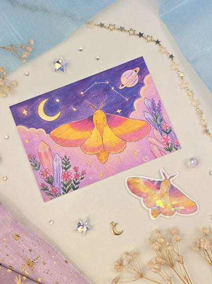 Rosy Maple Moth Stationery Bundle | Art Print & Transparent Sticker | Cute Moth Gift Set | Fantasy Nature Art