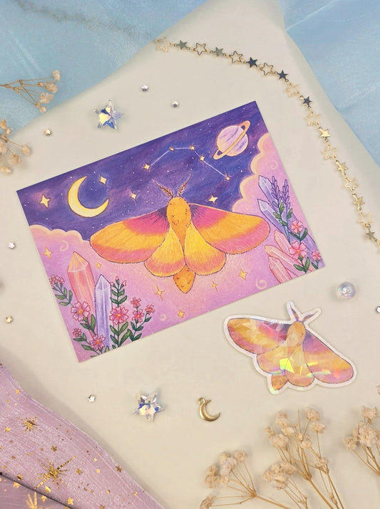 Rosy Maple Moth Stationery Bundle | Art Print & Transparent Sticker | Cute Moth Gift Set | Fantasy Nature Art
