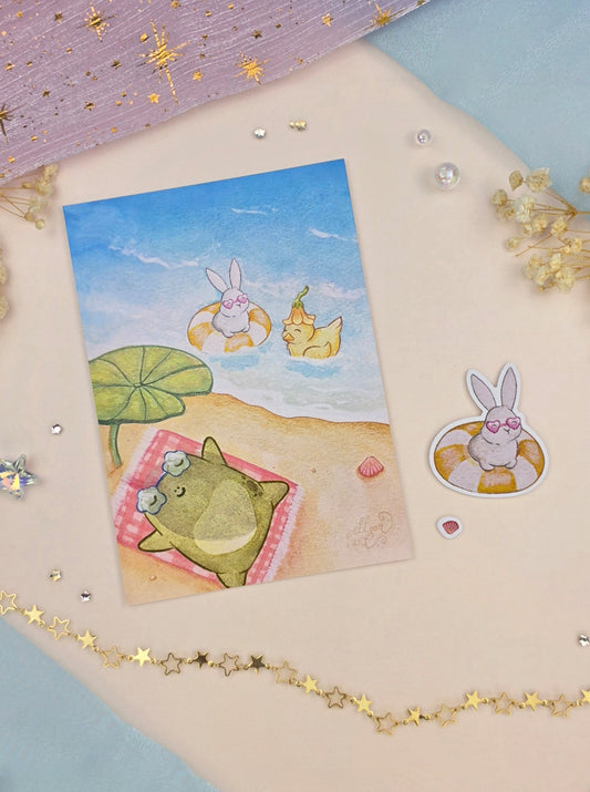 Frojo & Friends Stationery Bundle | Art Print | Bunny Sticker Set | Cute Summer Animal Gift | Beach Stationery