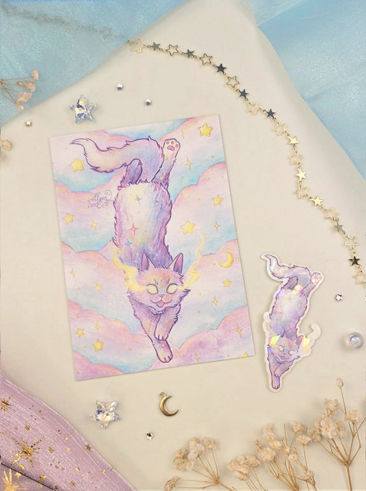 Cat Astral Familiar Stationery Bundle | Art Print & Transparent Sticker | Magical Cat Gift Set | Fantasy Stationery