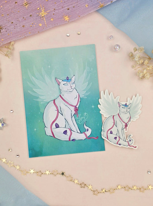 Arube Fantasy Cat Stationery Bundle | Art Print & Transparent Sticker | Original Character Gift | Magical Cat Art