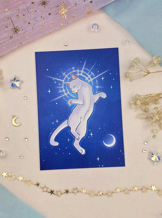 Solaris Cat Art Print | A6 Fantasy Cat Illustration | Celestial Moon & Stars Wall Art | Magical Stationery Gift