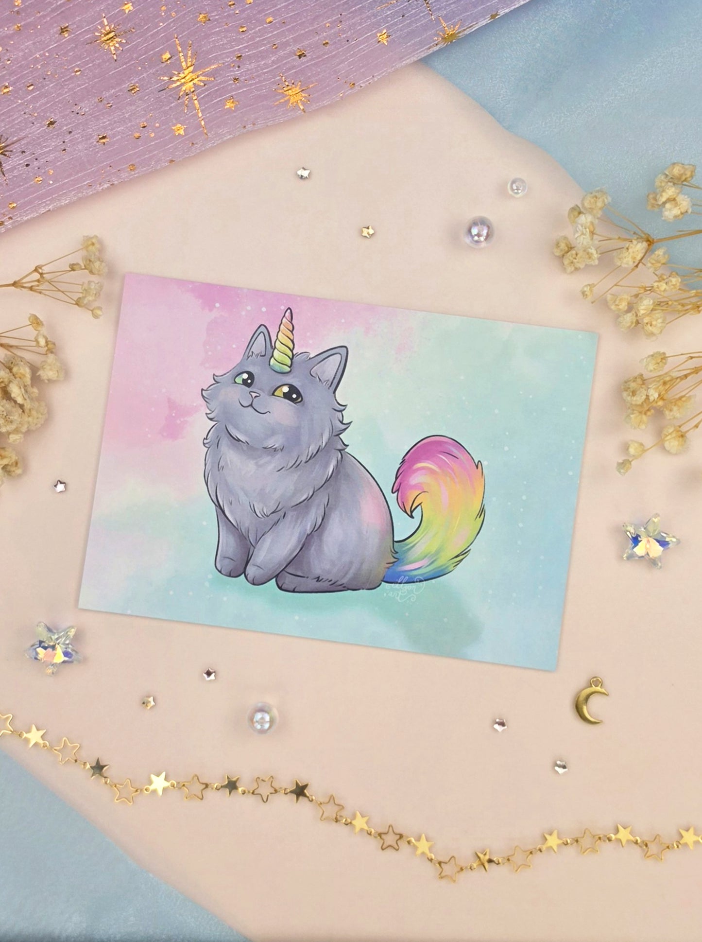 Rainbow Cat Stationery Bundle | Art Print & Vinyl Sticker | Fantasy Unicorn Cat Gift | Cute Kawaii Stationery