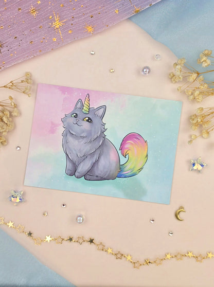 Rainbow Cat Stationery Bundle | Art Print & Vinyl Sticker | Fantasy Unicorn Cat Gift | Cute Kawaii Stationery