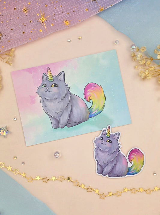 Rainbow Cat Stationery Bundle | Art Print & Vinyl Sticker | Fantasy Unicorn Cat Gift | Cute Kawaii Stationery