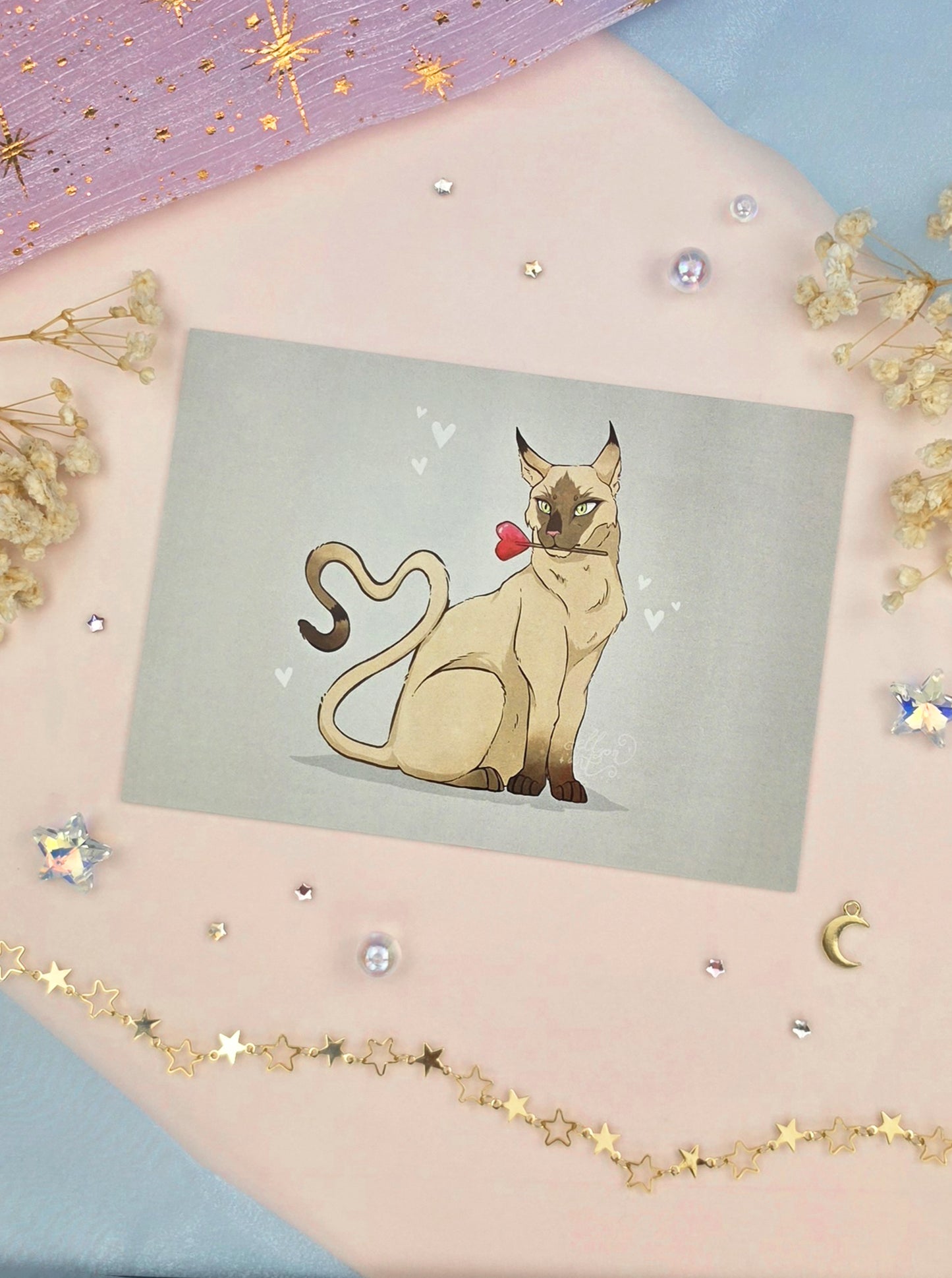 Heart Lolly Cat Art Print | A6 Siamese Cat Postcard | Cute Valentine Cat Illustration | Cat Lover Gift