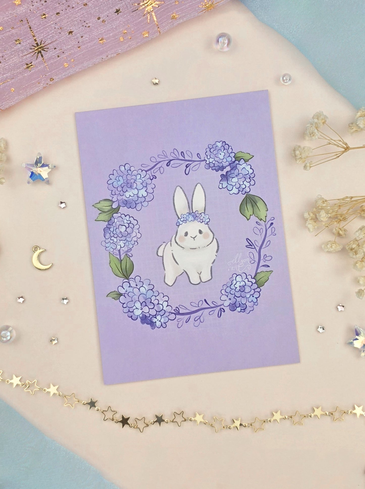 Dustie Bunny Hydrangea Postcard | A6 Bunny Art Postcard | Lilac Floral Illustration | Cute Stationery Gift