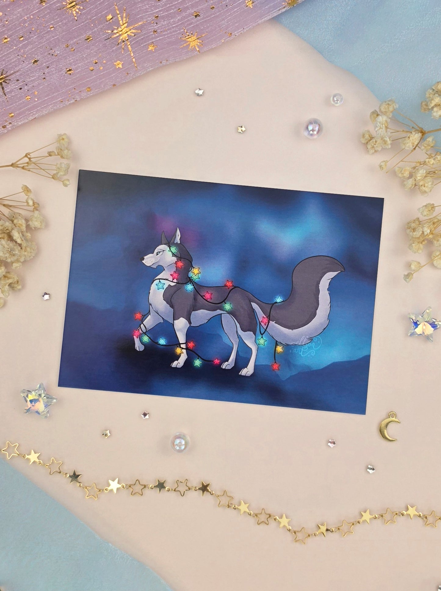 Christmas Husky Stationery Bundle | Art Print & Holographic Sticker | Winter Dog Gift | Holiday Stationery
