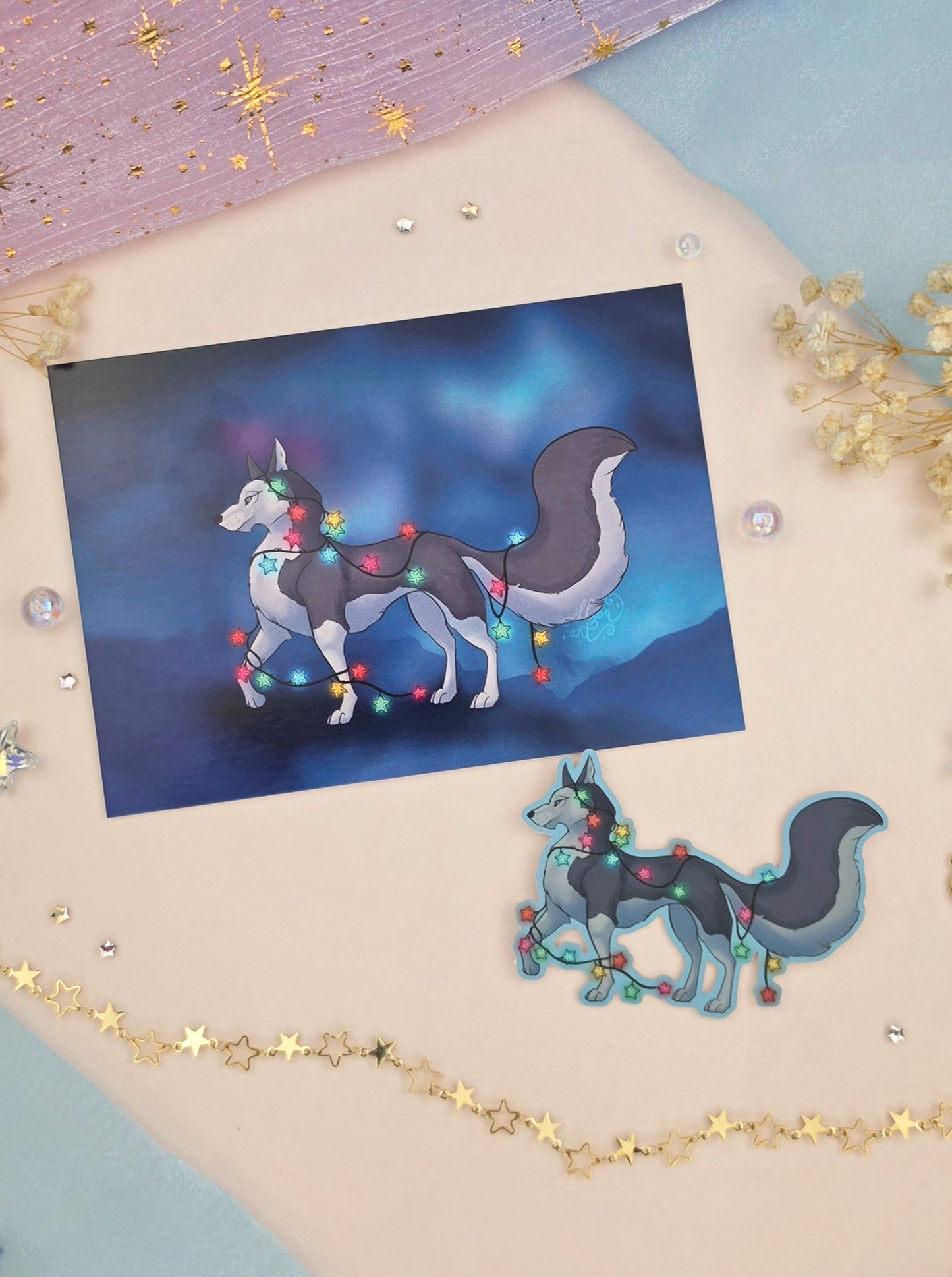Christmas Husky Stationery Bundle | Art Print & Holographic Sticker | Winter Dog Gift | Holiday Stationery