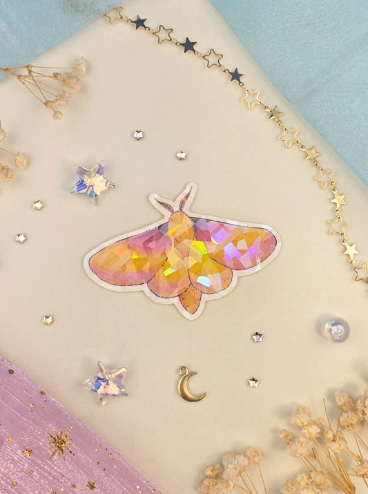 Rosy Maple Moth Sticker | Shattered Glass Transparent Vinyl Sticker | Cute Moth | Nature Journal Decor