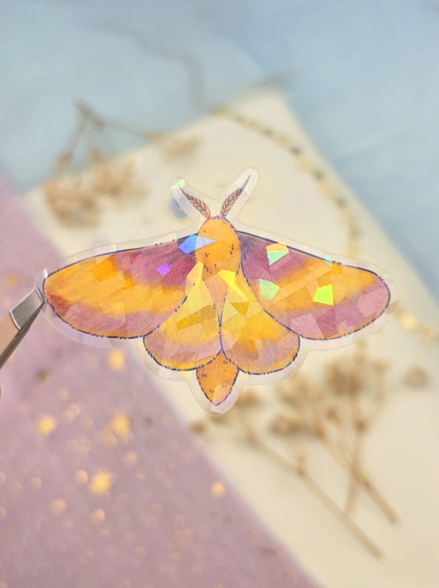 Rosy Maple Moth Sticker | Shattered Glass Transparent Vinyl Sticker | Cute Moth | Nature Journal Decor