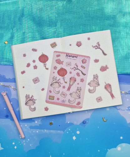 Hanami Sticker Sheet | Cherry Blossom Cat | Kawaii Spring Stickers | Vinyl Stickers | Sakura Season
