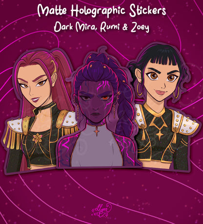 Light & Dark Trio Sticker Set | Mira, Rumi, Zoey | Matte Holographic Vinyl | Kpop Demon Hunters Fanart | Anime Stickers