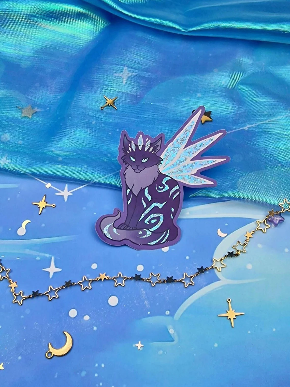 Purple Frost Cat | Winged Cat | Fairy Cat | Fantasy | Cute | Sparkly | Glitter | Holographic | Star | Universe | Sticker | ellyonart