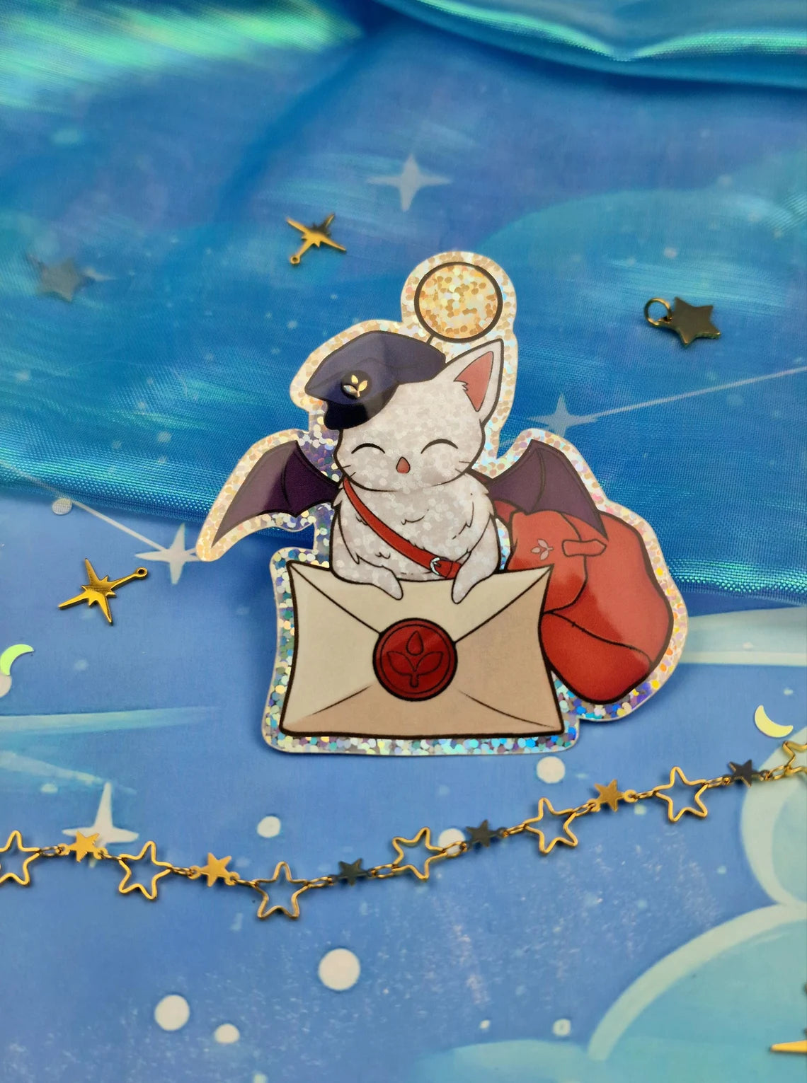 Delivery Moogle | Decal | FFXIV | Final Fantasy | Cute | Sparkly | Glitter | Holographic | Post | Creature | Sticker | ellyonart