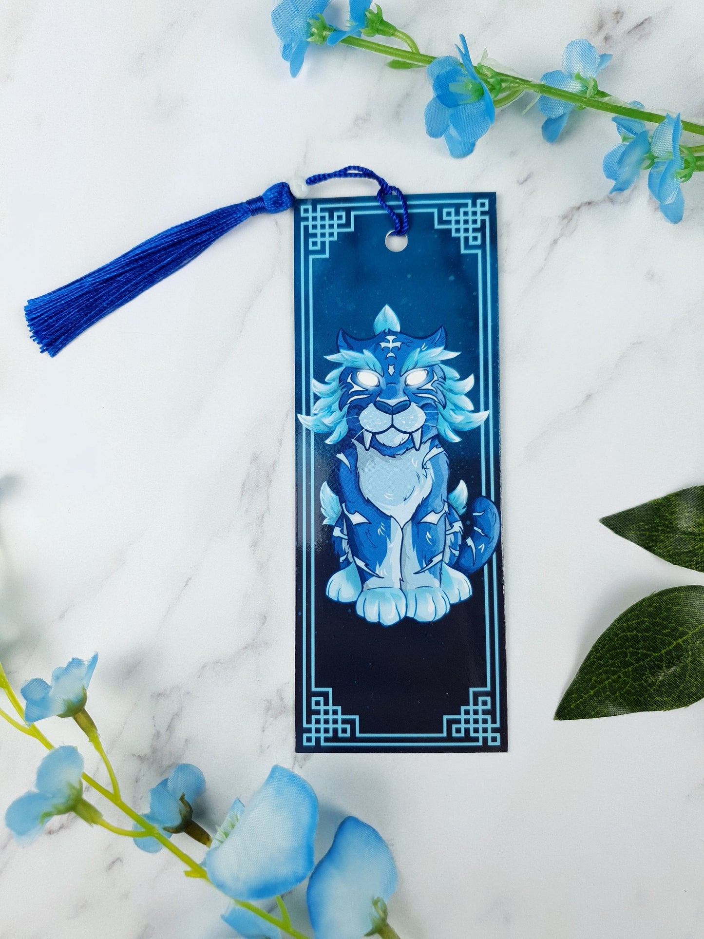 Celestial Blue Tiger Bookmark | Lunar Fantasy Gift | Mythical Chinese Cat | Glossy or Holographic | Game-Inspired Bookish Gift for Readers