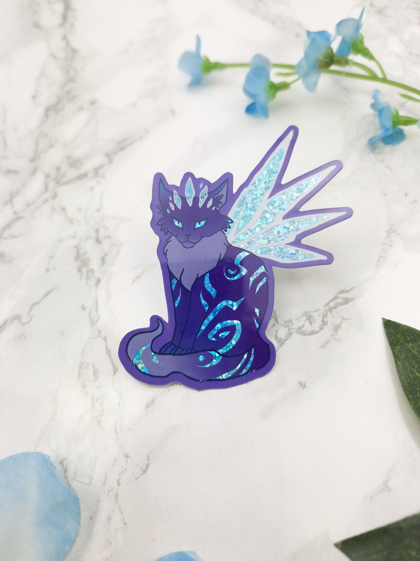 Purple Frost Cat | Winged Cat | Fairy Cat | Fantasy | Cute | Sparkly | Glitter | Holographic | Star | Universe | Sticker | ellyonart