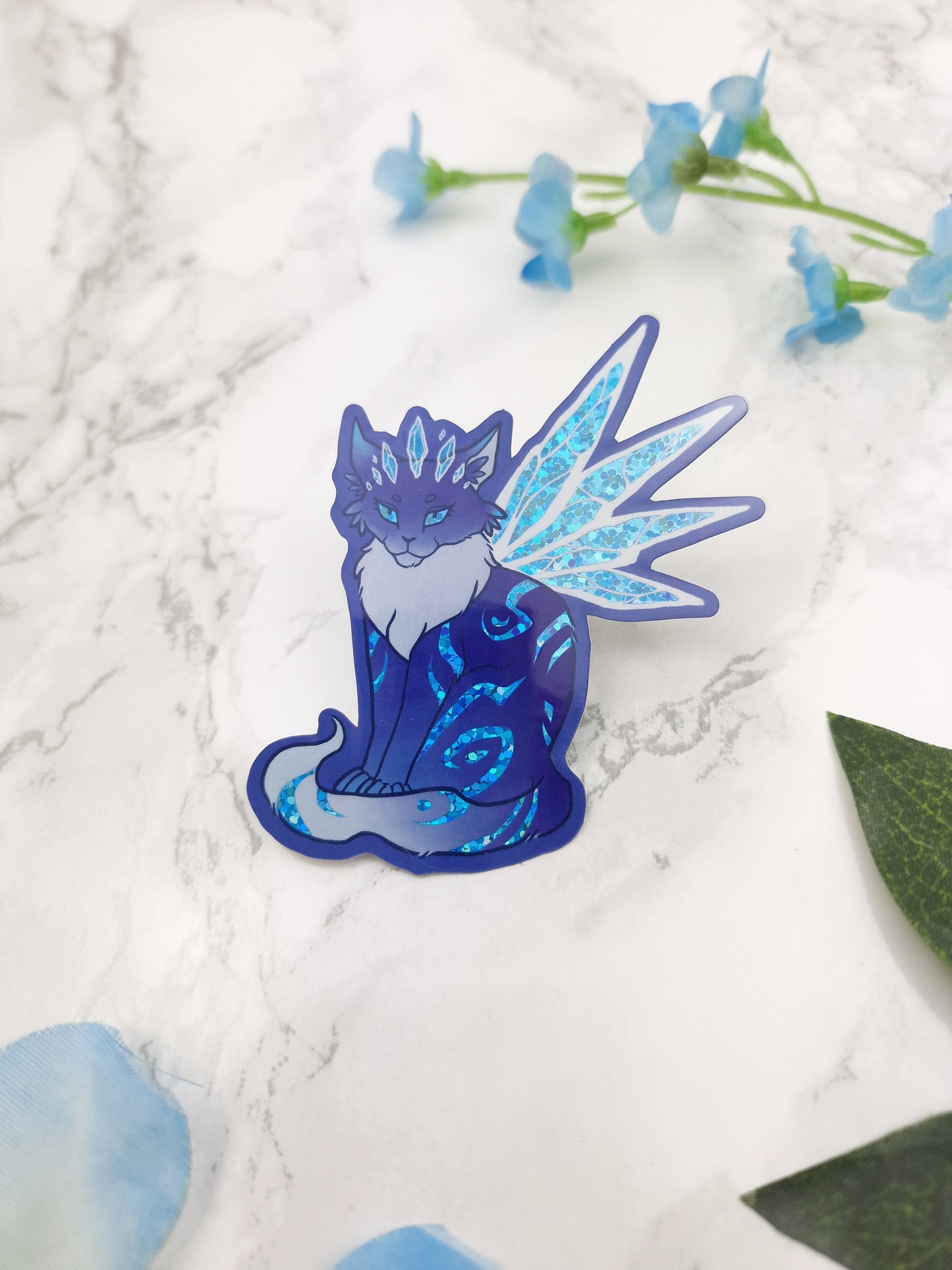Blue Frost Cat | Winged Cat | Fairy Cat | Fantasy | Cute | Sparkly | Glitter | Holographic | Star | Universe | Sticker | ellyonart