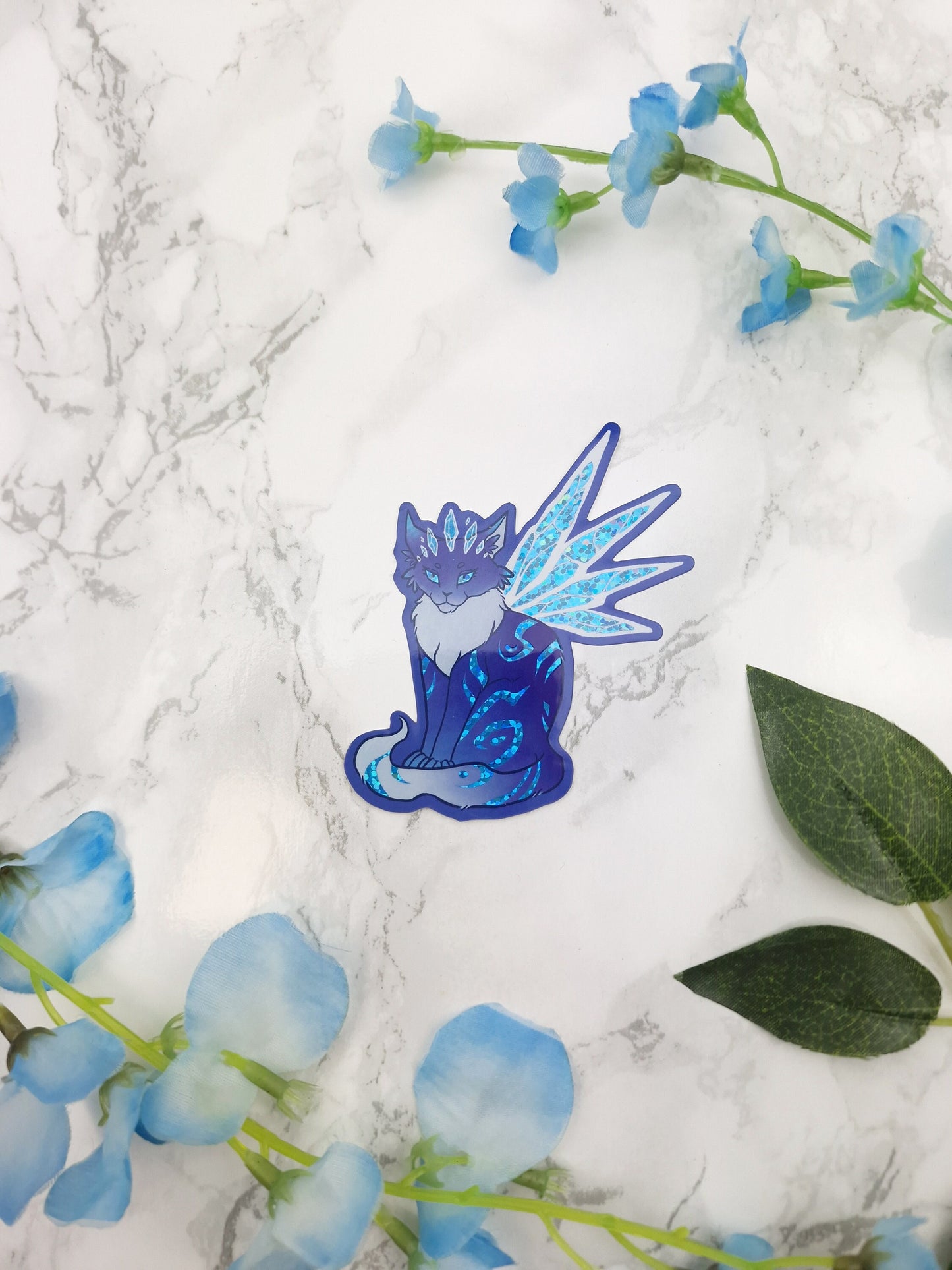 Blue Frost Cat | Winged Cat | Fairy Cat | Fantasy | Cute | Sparkly | Glitter | Holographic | Star | Universe | Sticker | ellyonart