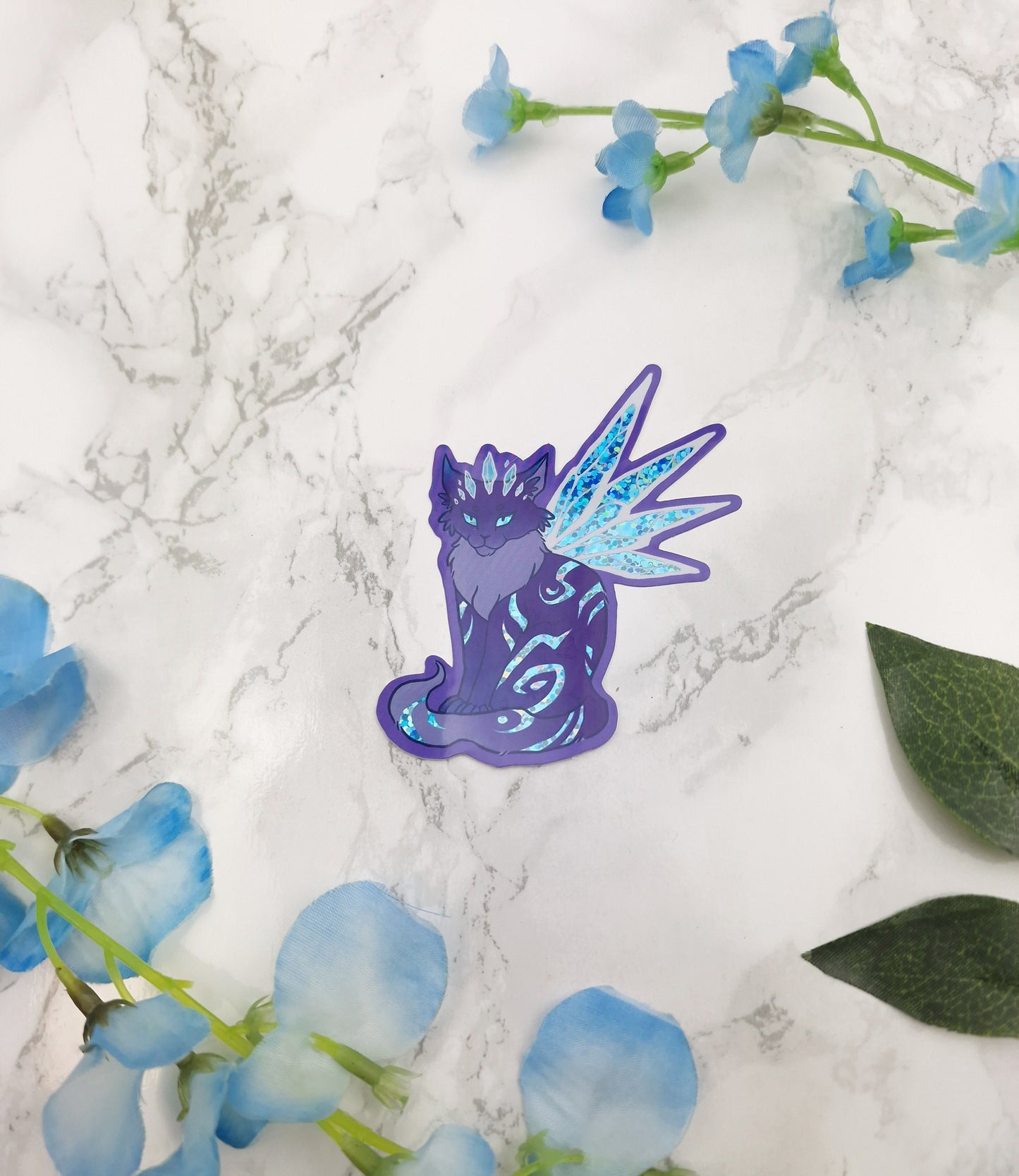 Purple Frost Cat | Winged Cat | Fairy Cat | Fantasy | Cute | Sparkly | Glitter | Holographic | Star | Universe | Sticker | ellyonart