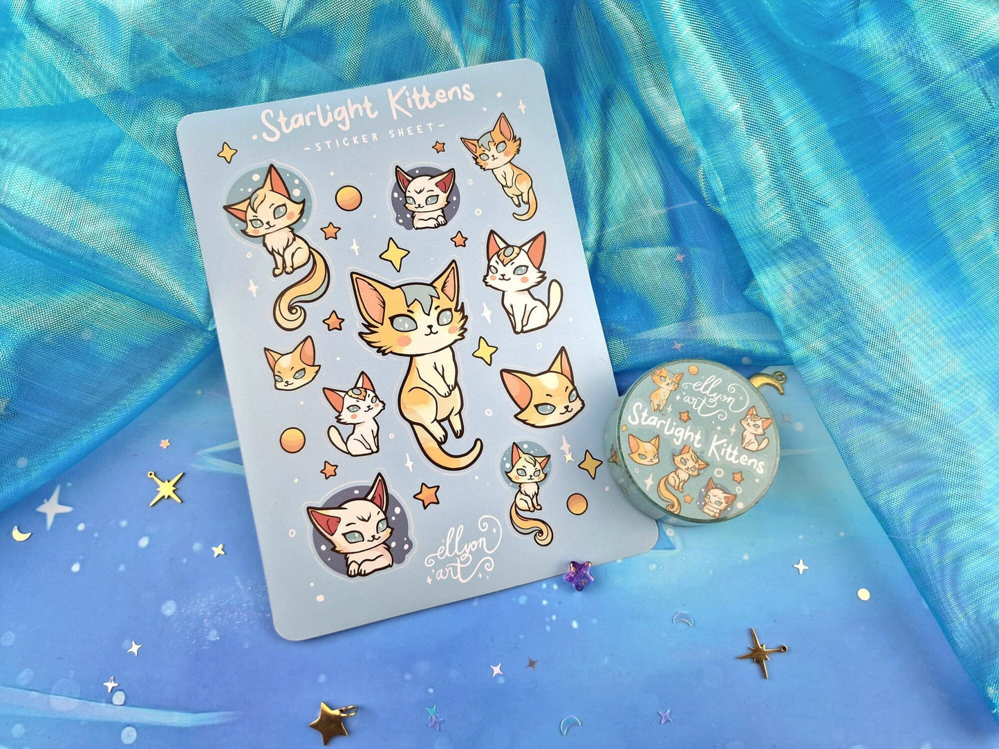 Starlight Kittens | Cute | Stickers | Scrapbooking | Washi Tape | Planning | Decorating | Cosy | Starry | Kawaii | Sticker Sheet | ellyonart