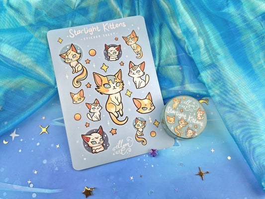 Starlight Kittens | Cute | Stickers | Scrapbooking | Washi Tape | Planning | Decorating | Cosy | Starry | Kawaii | Sticker Sheet | ellyonart