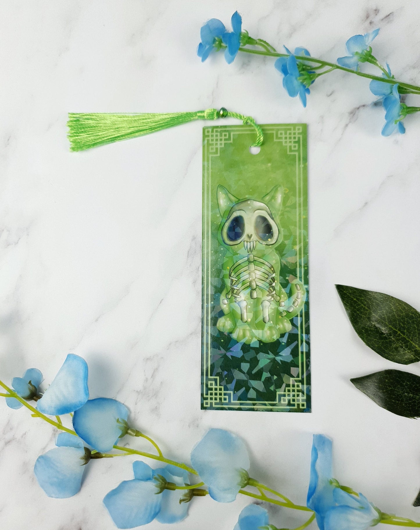 Skeletal Jelly Cat Bookmark | Spooky Green Slime Cat | Glossy or Holographic | Fantasy Game-Inspired Book Gift | Cute & Creepy Companion