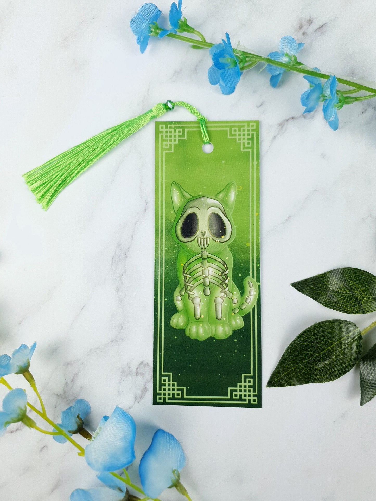 Skeletal Jelly Cat Bookmark | Spooky Green Slime Cat | Glossy or Holographic | Fantasy Game-Inspired Book Gift | Cute & Creepy Companion